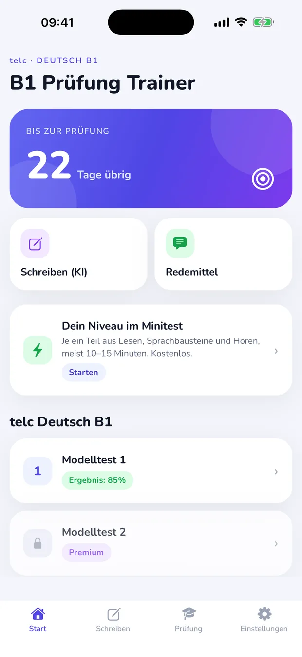 Startbildschirm der App: Countdown zur Prüfung und Liste der Modelltests