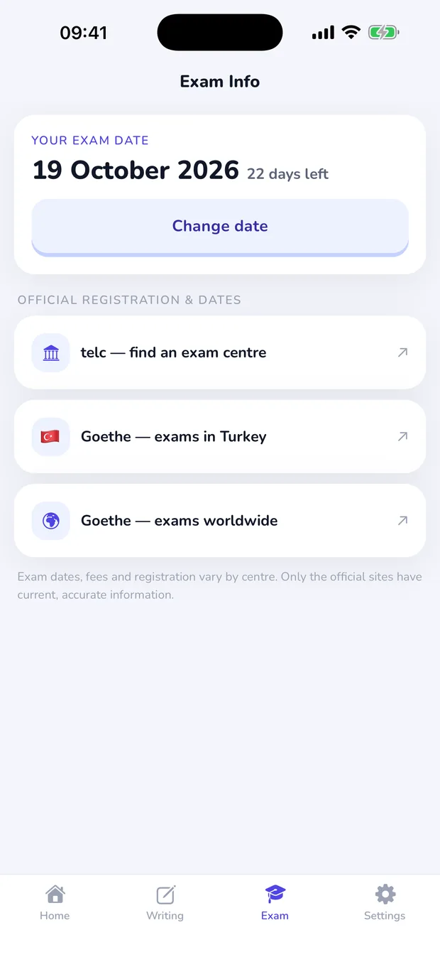 Set your exam date, start the countdown — Registration links right there – no more searching