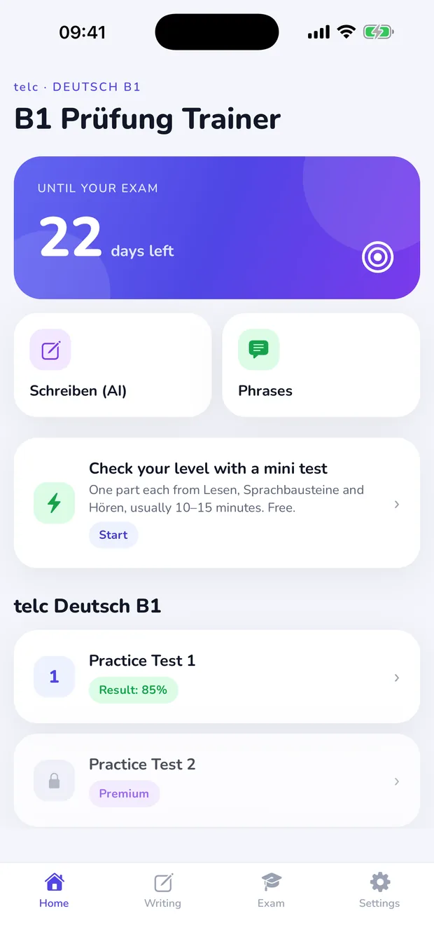 App home screen: exam countdown and list of practice tests