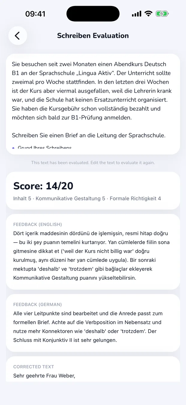 Write your letter, get an instant score — AI feedback on all three writing criteria, point by point