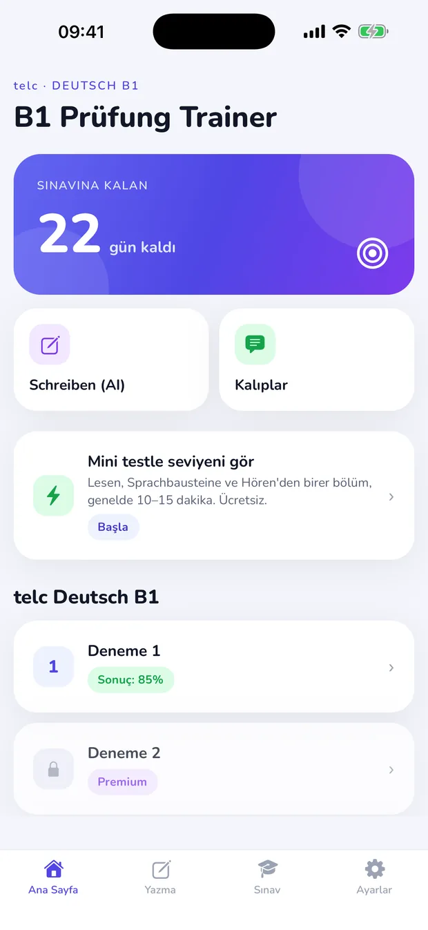 Uygulamanın ana ekranı: sınava geri sayım ve deneme sınavı listesi