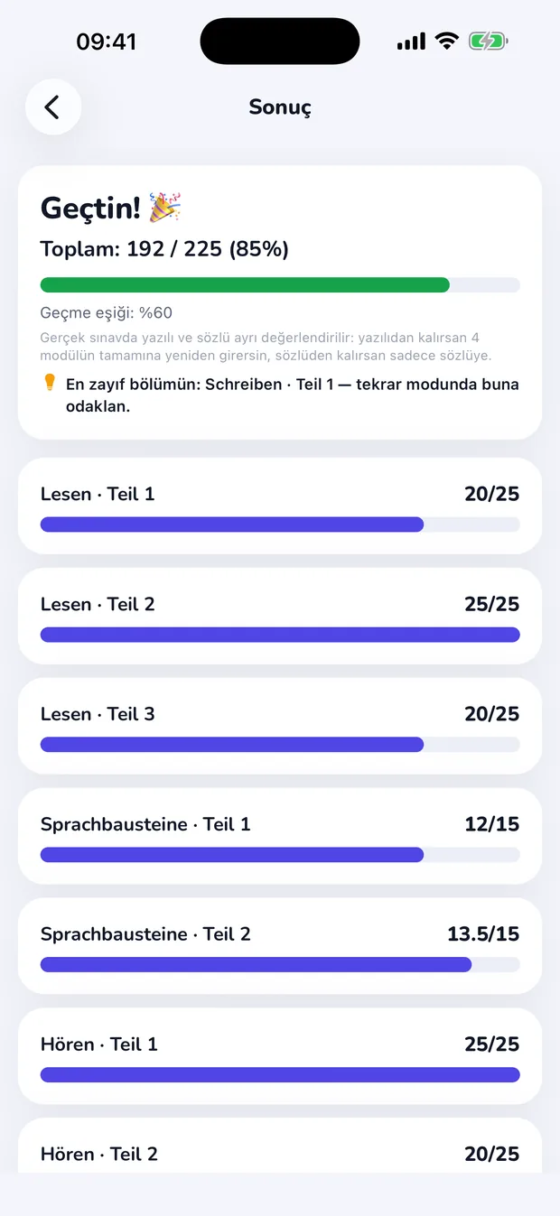 Bugün girsen geçer miydin? — Bölüm bölüm puanın ve geçme çizgin tek ekranda